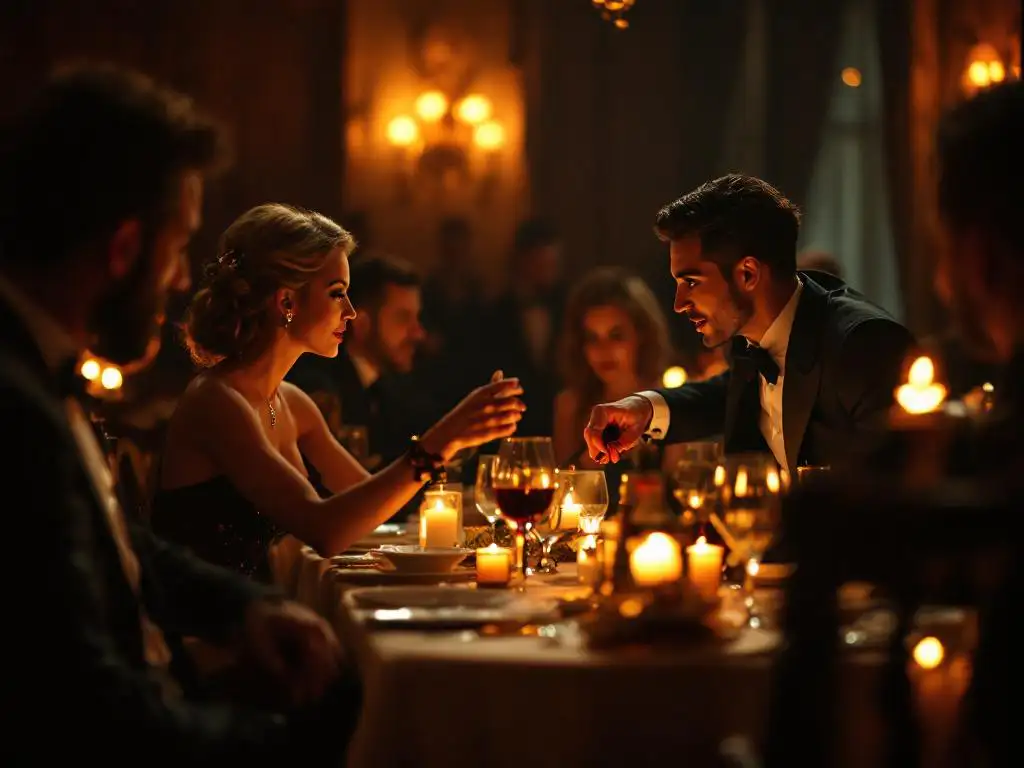Elegante dinergast overhandigt rekwisiet aan gekostumeerde performer bij kaarslicht gedekte tafel in warm verlicht restaurant