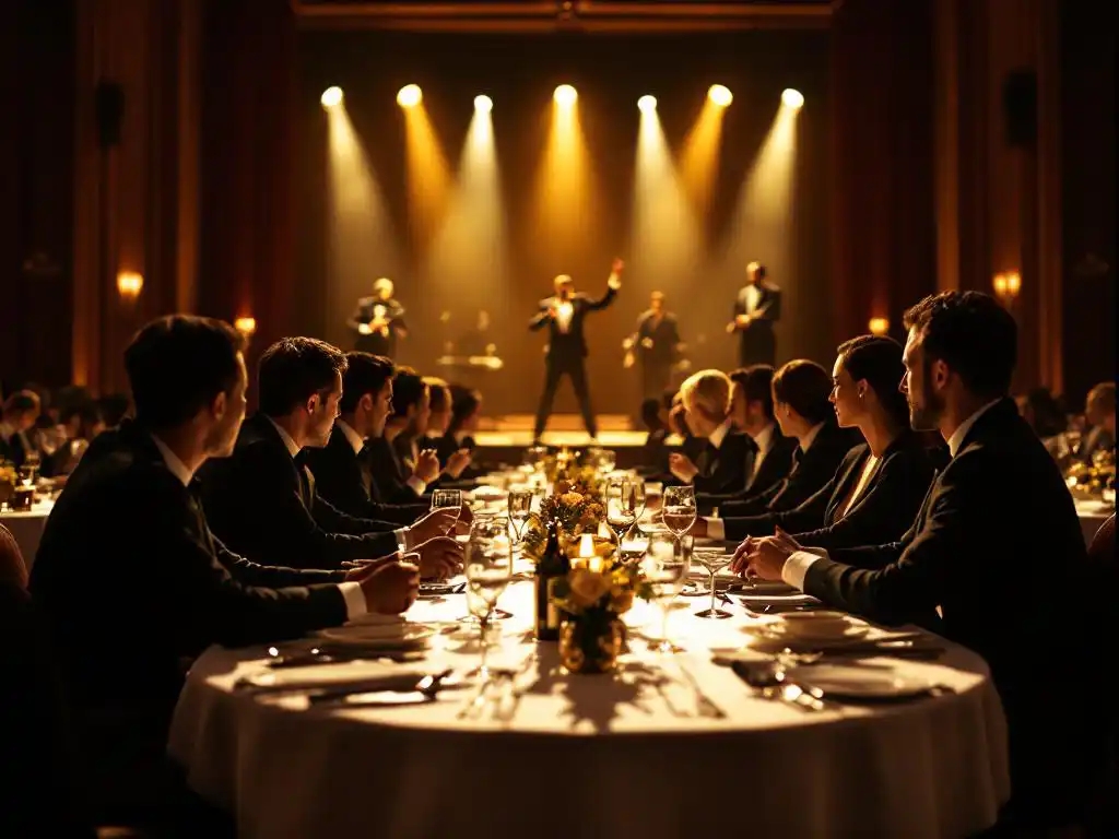Elegante restauranttafel met zakelijke gasten die genieten van diner terwijl artiesten optreden onder gouden spotlights