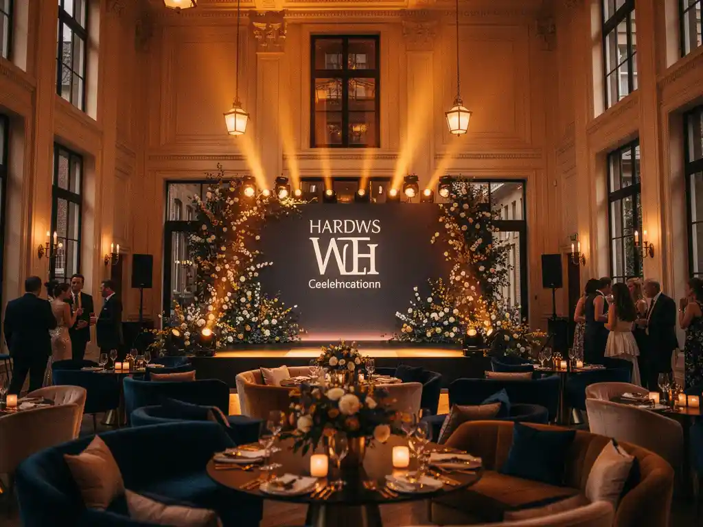 Branded evenement in Amsterdams grachtenpand met verlicht podium, bloemstukken en gasten in marineblauw-gouden sfeer.