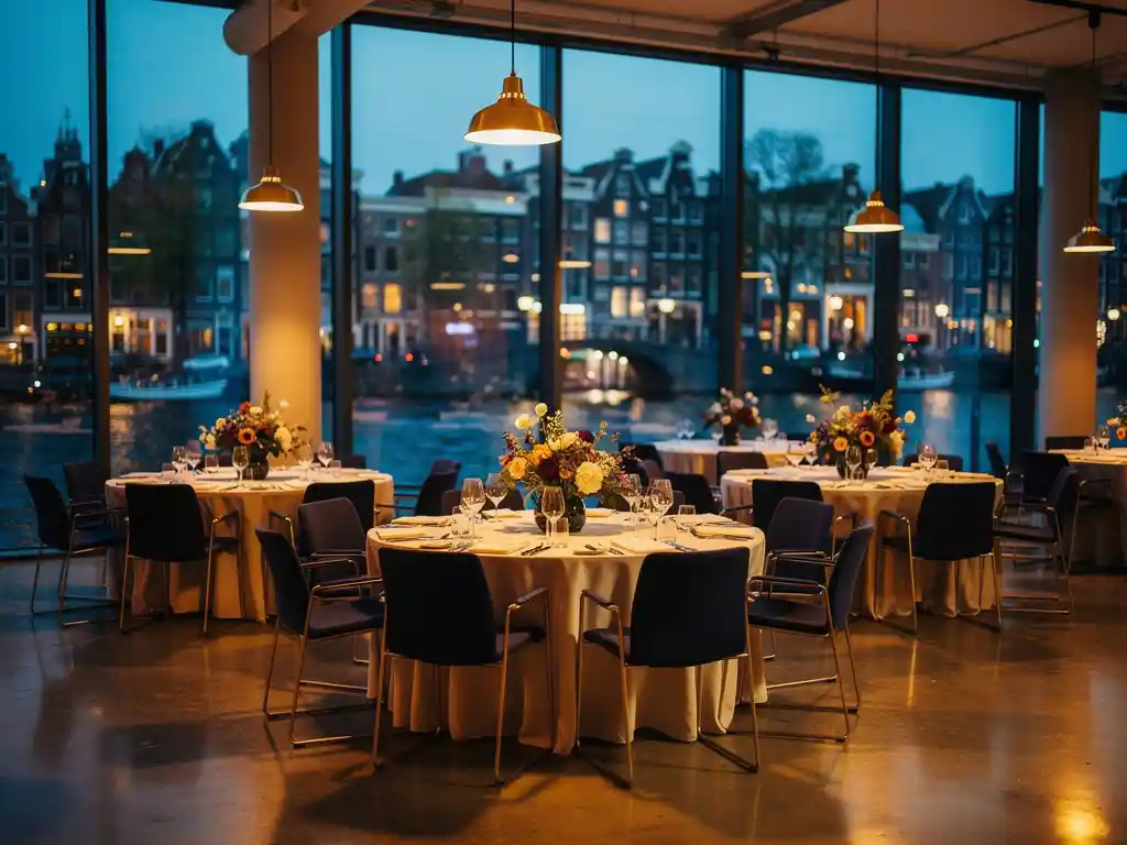 Elegante evenementenlocatie in Amsterdam met ronde netwerktafels, hanglampjes en kanaalzicht bij avondlicht.