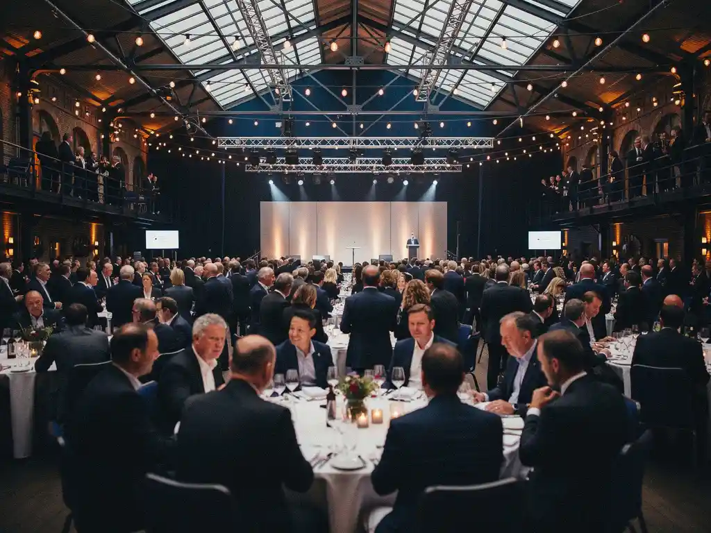 Honderden gasten tijdens een zakelijk evenement in een Amsterdams grachtenpand met industriële plafonds, Edison-verlichting en een verlicht podium op de achtergrond.
