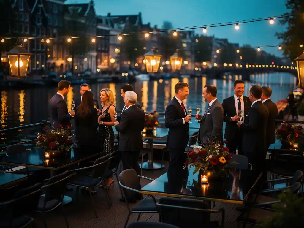 Zakelijke borrel op Amsterdams terras bij schemering, met champagne, bloemstukken en verlichte grachtenpanden op de achtergrond.