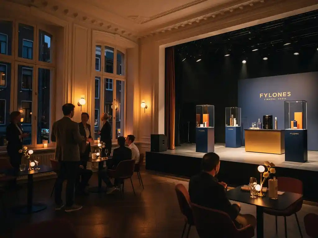 Amsterdams grachtenpand ingericht als evenementenlocatie met warme sfeerverlichting, merkopstellingen en een podium met productdisplays.