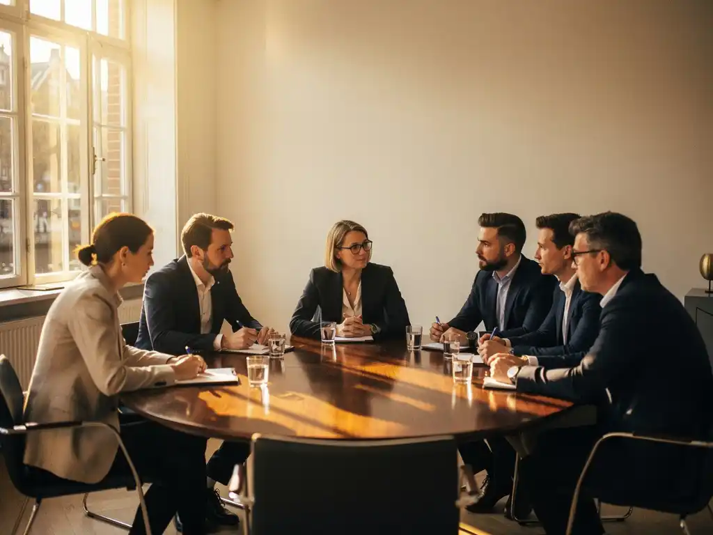 Zes professionals in gesprek tijdens een intiem rondetafeloverleg in een Amsterdams grachtenpand met hoog ramen en warm natuurlijk licht.