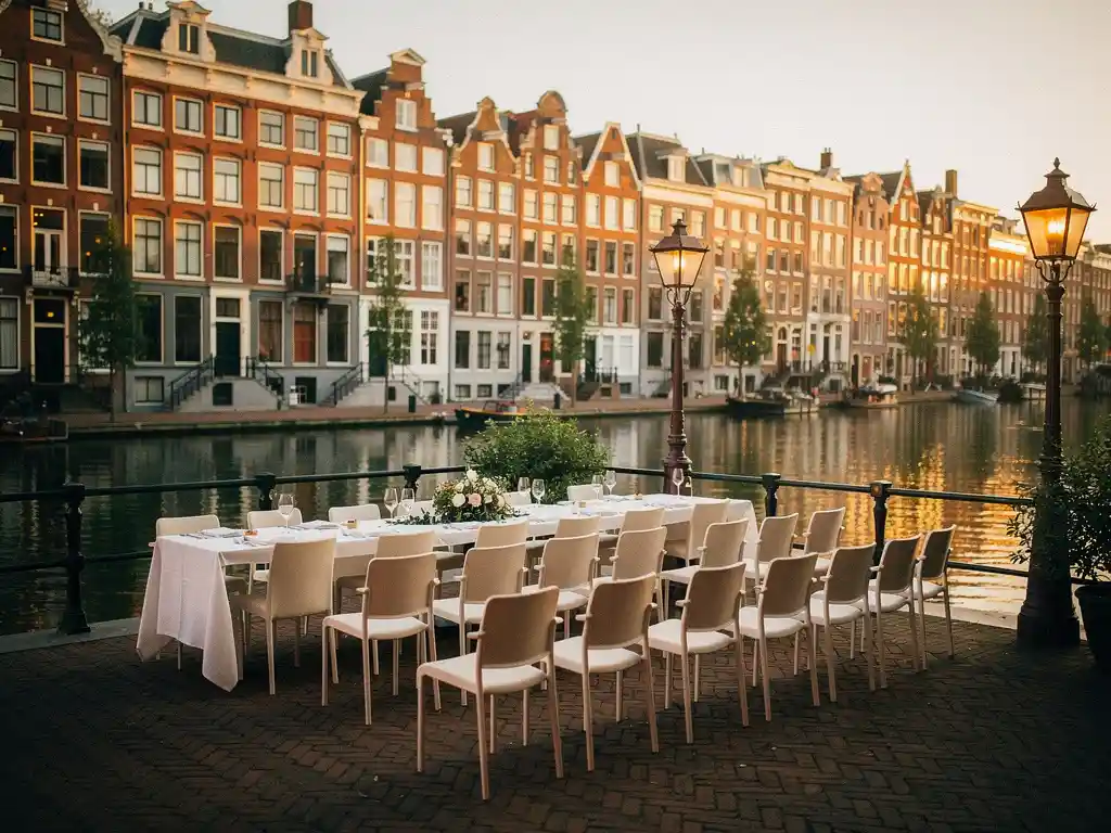 Elegante stoelen op een historisch bakstenen terras van een Amsterdams grachtenpand ingericht voor een bedrijfsevenement, met gouden avondlicht.