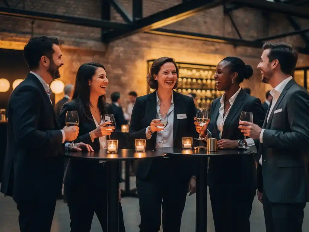 Professionals in gesprek tijdens een netwerkevenement in Amsterdam, met drankjes bij cocktailtafels in een industrieel pand met bakstenen muren.