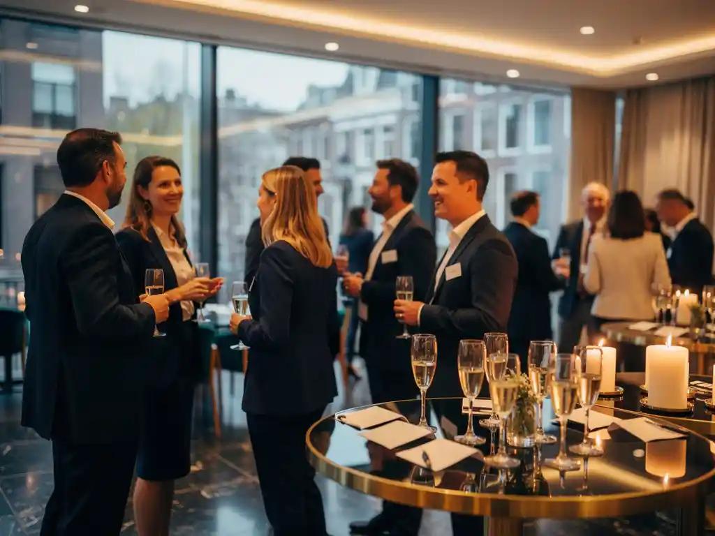 Professionals in gesprek tijdens een zakelijk netwerkevenement in een stijlvolle Amsterdamse locatie met kaarslicht en champagneglazen.