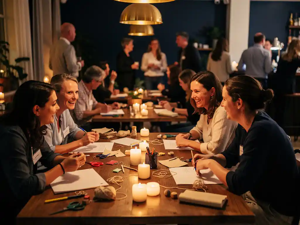 Gasten in gesprek tijdens een netwerkworkshop in een stijlvolle Amsterdamse locatie met kaarslicht en gouden hanglampen.