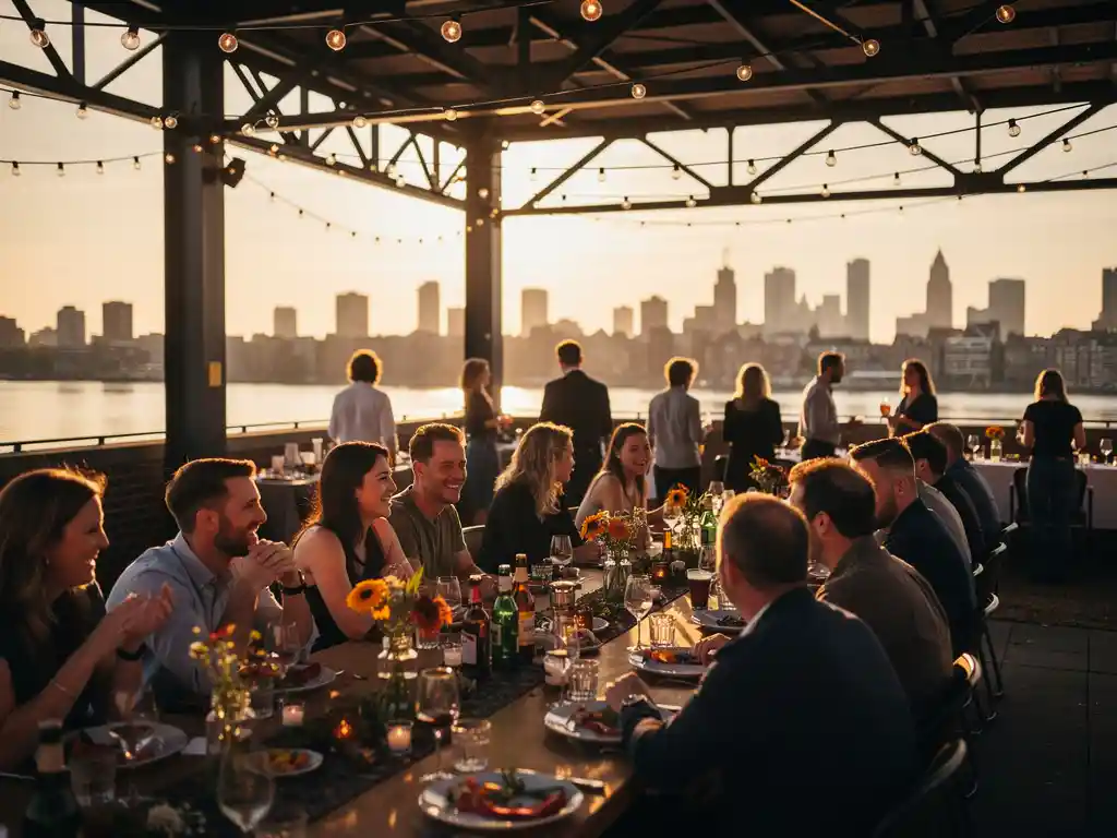 Feestelijk personeelsfeest op een rooftop in Amsterdam-Noord bij gouden uur, met industriële ruimte, slingerverlichting en zicht op de IJ-rivier.