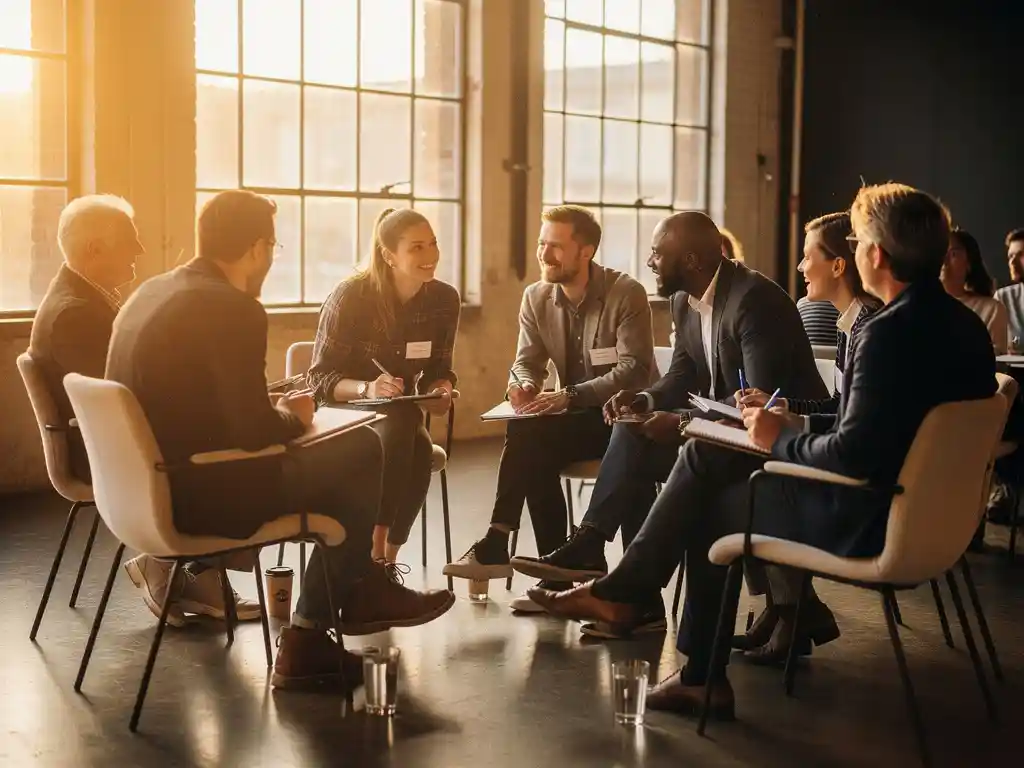 Diverse deelnemers in levendige discussie tijdens seminar in Amsterdam, stoelen in kring, warm middaglicht door industriële ramen.