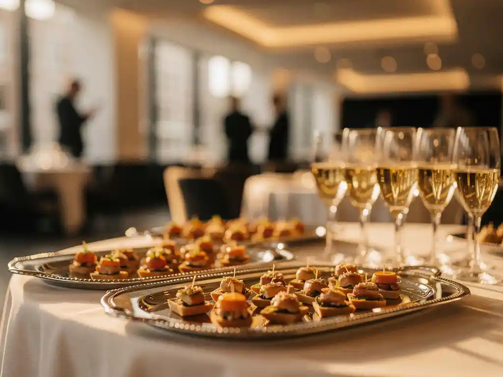Elegante bitterballen en hapjes op zilveren serveerschalen met champagneglazen bij een moderne evenementenlocatie in Amsterdam.