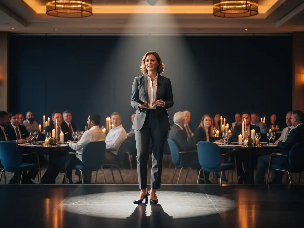 Vrouwelijke spreker op verlicht podium in Amsterdamse zaal, publiek en kaarsen op ronde tafels op de achtergrond.