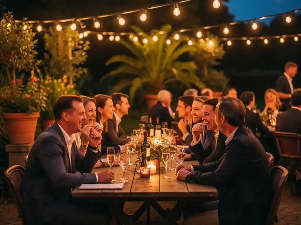 Sfeervolle bedrijfsborrel bij een rustiek landgoed near Amersfoort, collega's aan houten tafels onder warm verlichte slingers met champagneglazen.