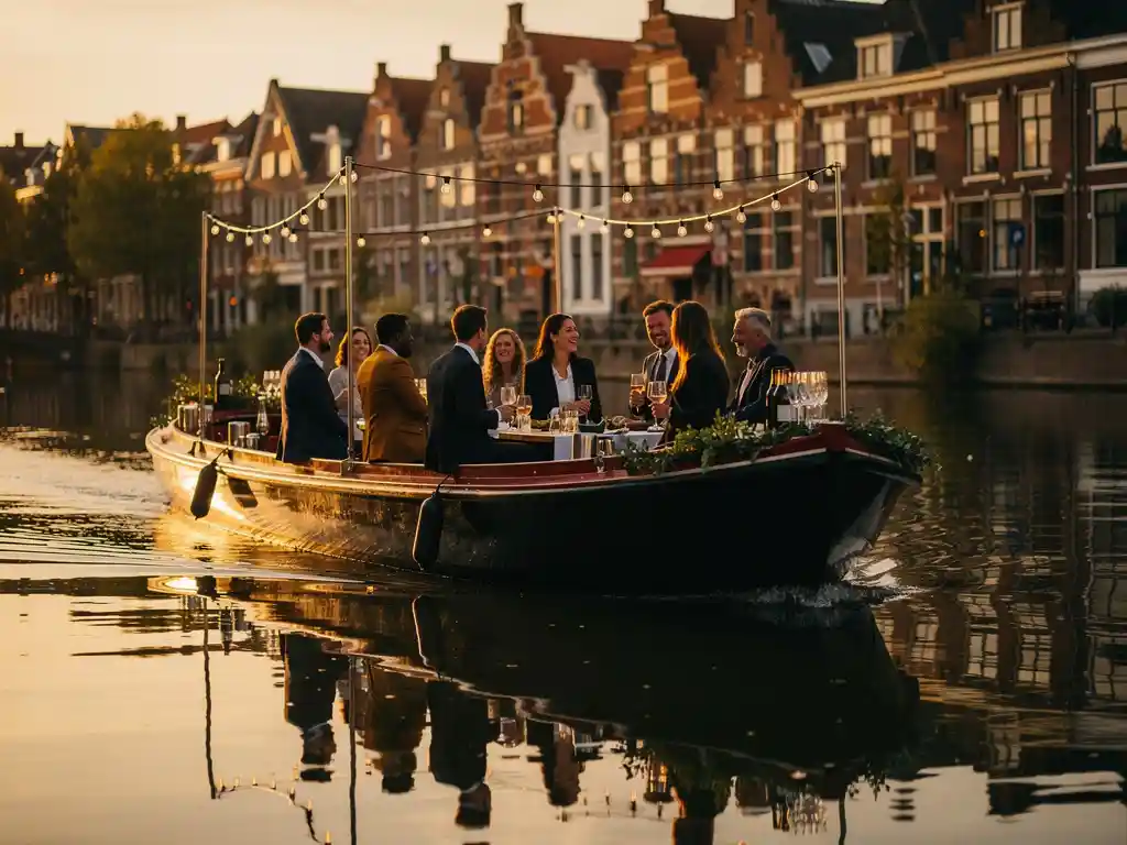 Collega's op een versierd rondvaartboot tijdens een bedrijfsfeest op de Utrechtse grachten bij gouden uur, met historische trapgevels op de achtergrond.