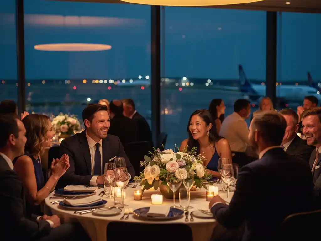 Collega's lachen tijdens een sfeervolle bedrijfsborrel in een moderne zaal met vloer-tot-plafond ramen en startbaanverlichting in de schemering.