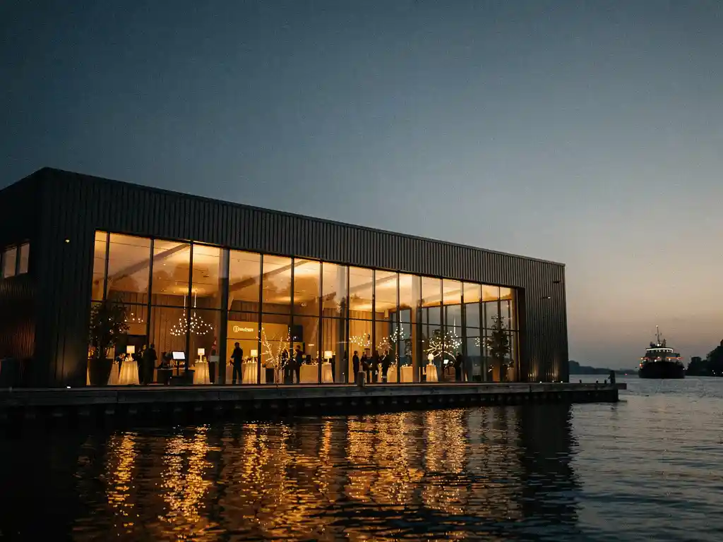 Stijlvolle bedrijfsfeestlocatie aan het Noordzeekanaal tijdens het gouden uur, met warme amberreflecties op donker water.