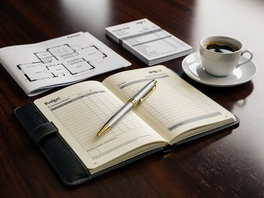 Opengeslagen leren notitieboek met handgeschreven budgetcijfers, zilverkleurige pen, plattegrond en facturen op donker eiken tafel.