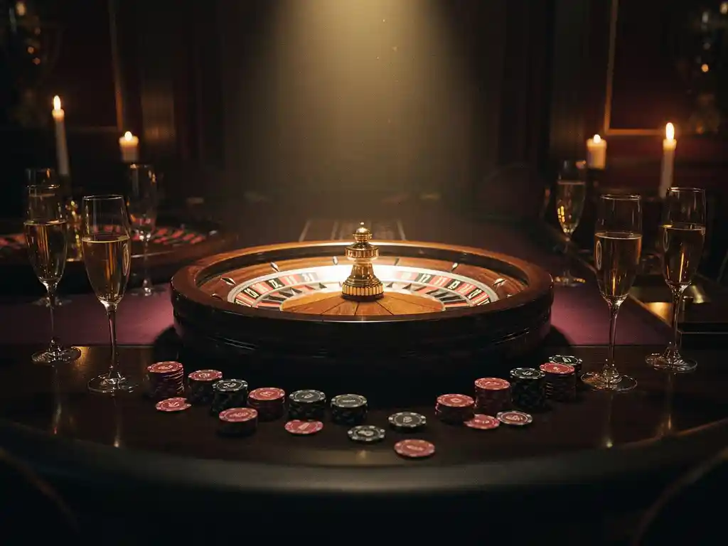 Roulettewiel als middelpunt op mahonihouten tafel met pokerchips en champagneglazen tijdens een zakelijk casinofeest in Amsterdam.