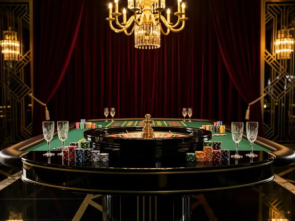 Roulette wiel omringd door pokerfiches en champagneglazen op zwart gelakte tafel in een Art Deco ballroom.
