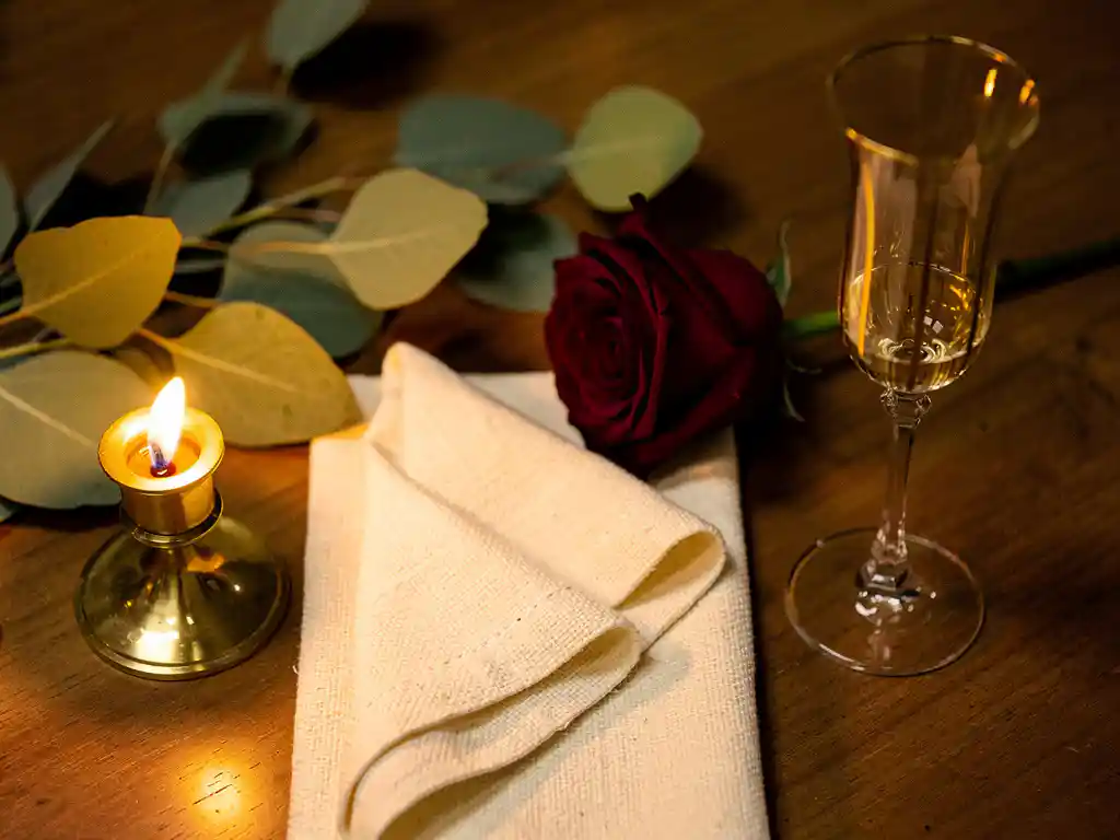 Flatlay van een feesttafel met eucalyptus, linnen servet, champagneglas en donkerrode roos bij kaarslicht.
