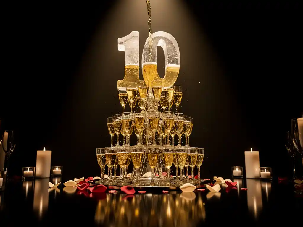 Champagne toren in aanbouw op zwart evenementtafel met gouden bubbels, ijssculptuur "10", rozenblaadjes en witte kaarsen.