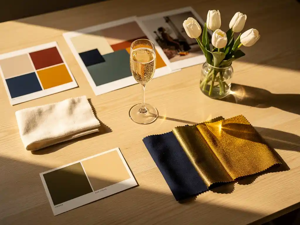 Creatief directeur bureau met moodboards, stofffalen en kleurkaarten in crème, marineblauw en goud, champagneglas en witte tulpen als middelpunt.