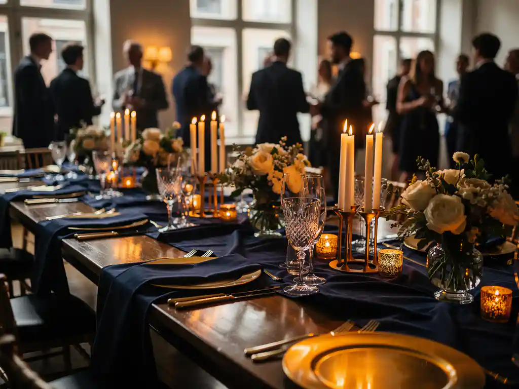 Elegante banquettafel met kaarslicht en bloemen in een Amsterdamse evenementenlocatie, gouden glazen en navy tinten op de voorgrond.