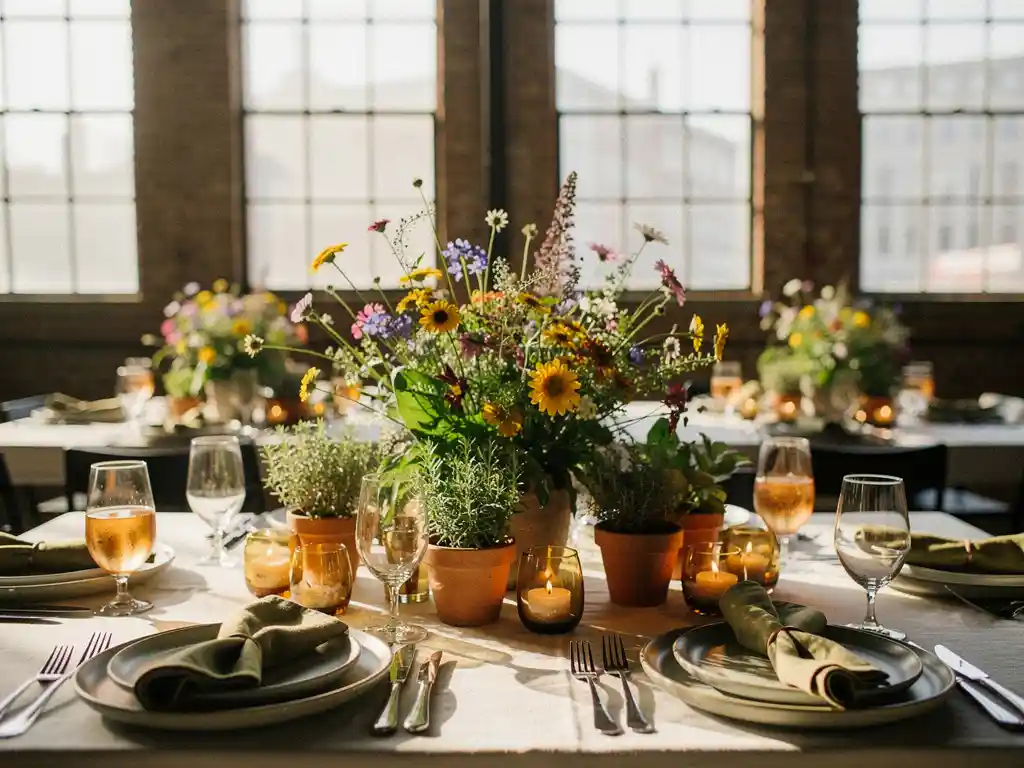 Weelderig middenstuk van wilde bloemen en kruiden op een elegant gedekte tafel voor een bedrijfsevenement in een Amsterdams pakhuis.