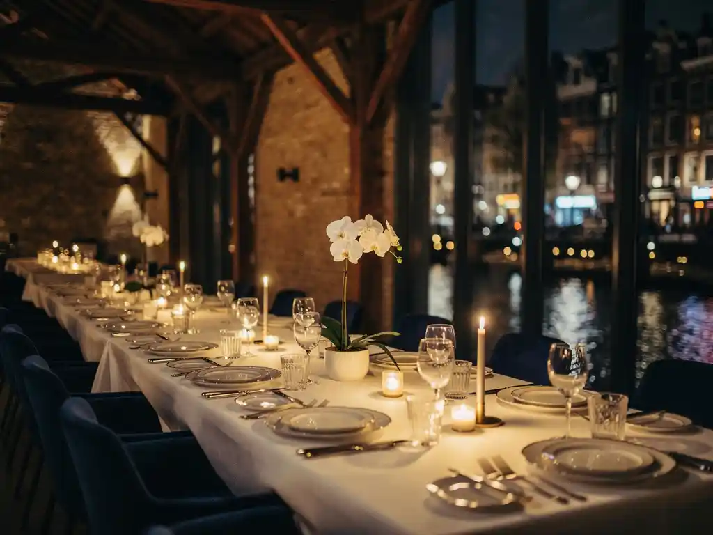 Elegant gedekte eettafel met kristallen glazen, witte linnen en kaarsen in industriële zaal met donkere balken en Amsterdamse grachtenverlichting.