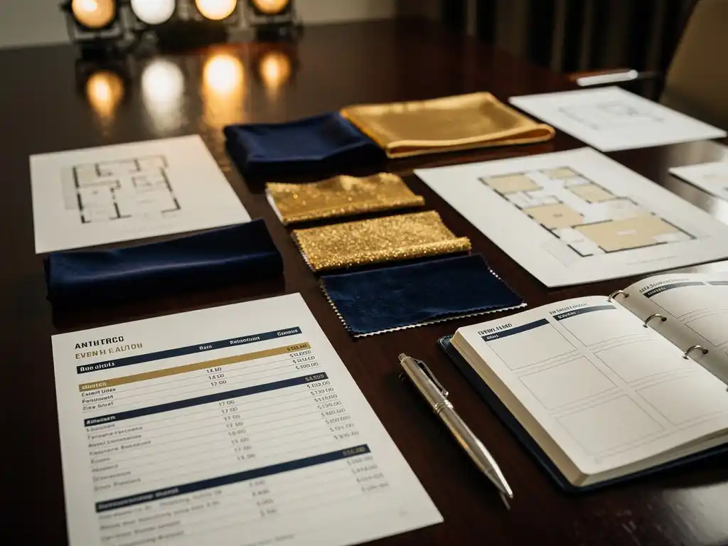 Evenementenbudget met kostenoverzichten, stofstalen en plattegronden op een vergadertafel, met pen en planner in warm gouden licht.