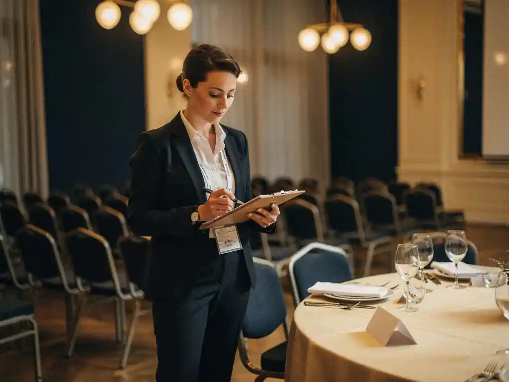 Eventplanner controleert klembordchecklist in half-opgezette Amsterdamse feestzaal met marineblauwe en ivoren tinten.