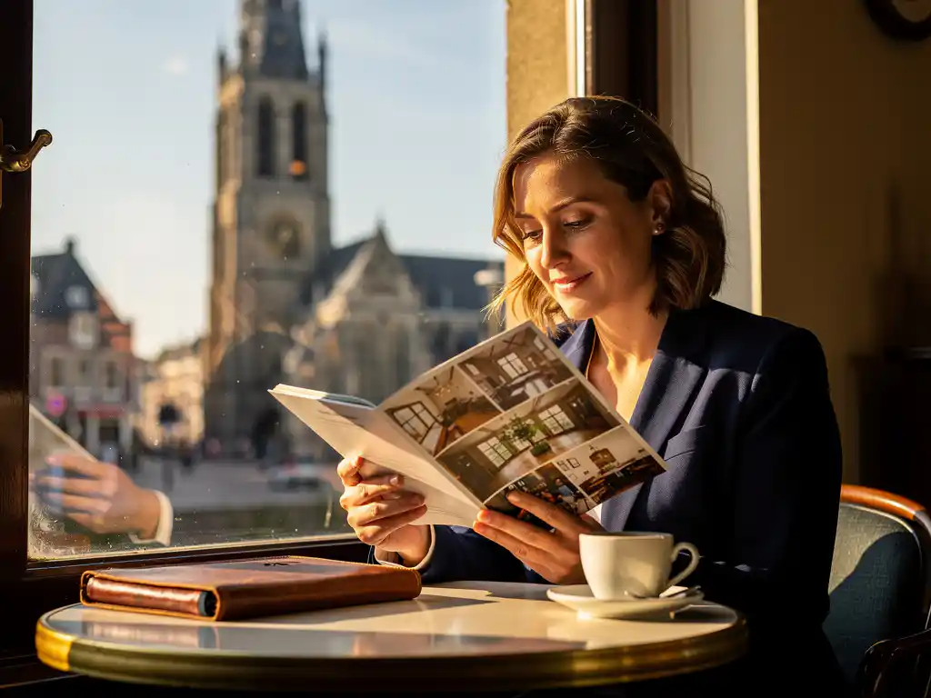 Eventplanner bekijkt venueboekje in zonnig café met zicht op de Haarlemse Sint-Bavokerk, leren notitieboek en koffie op tafel.