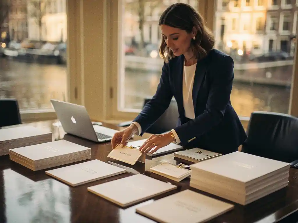 Eventplanner schikt naamkaartjes en programmaboekjes op een gepolijste conferentietafel in Amsterdam, met zachte kanaallicht en een open laptop.