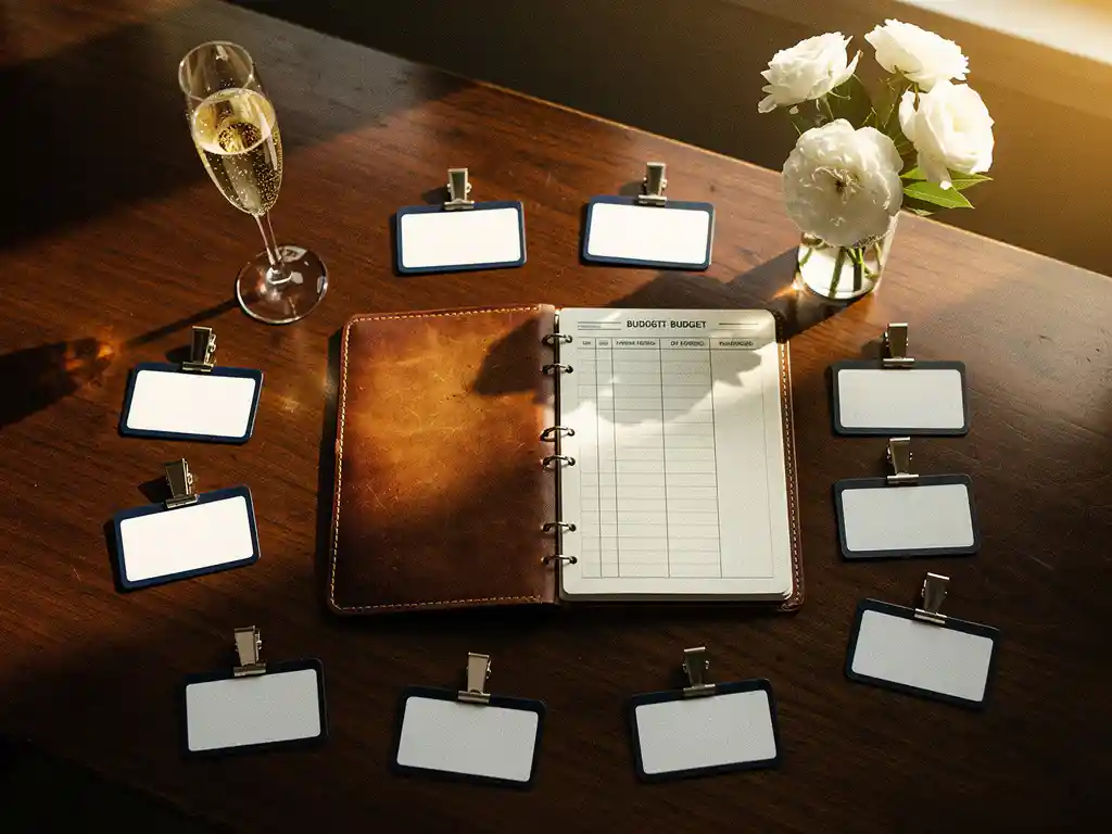 Opengeslagen leren budgetboek met naamkaartjes, champagneglas en witte bloemen op donker eiken bureau.