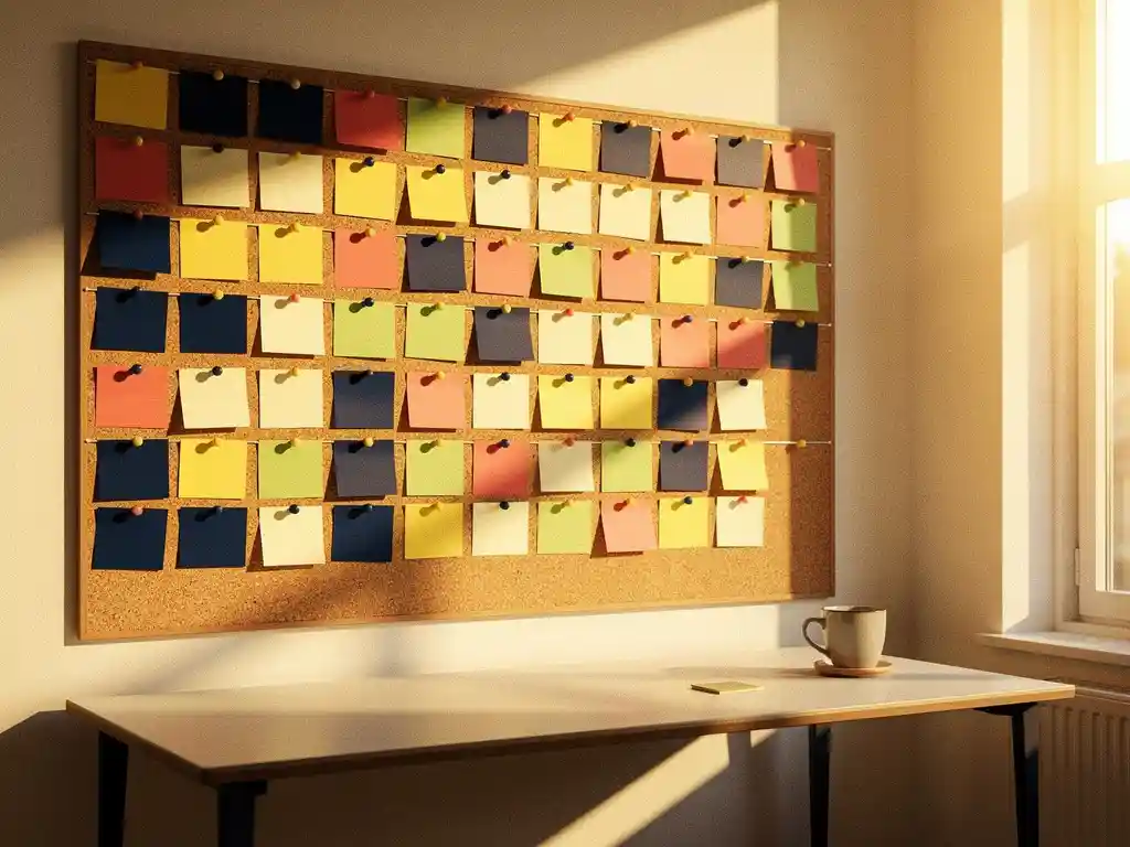 Kleurgecodeerde eventplanning tijdlijn op een kurkbord, met sticky notes op een Amsterdams bureau in warm afternoon licht.