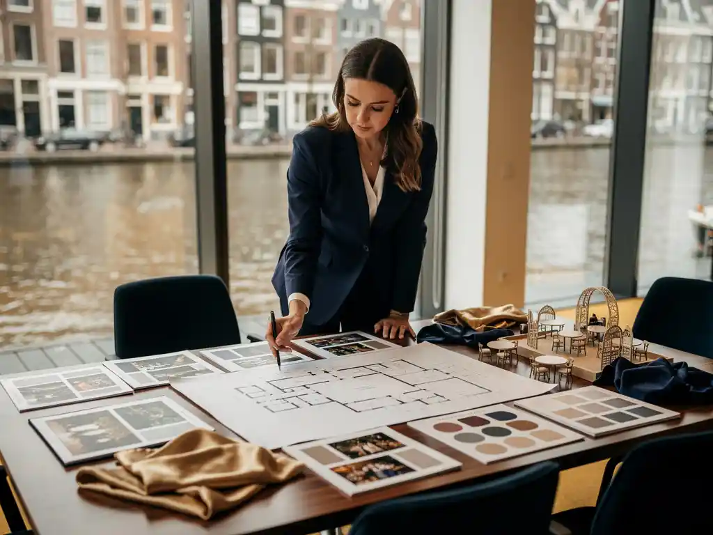 Eventcoördinator bestudeert elegant plattegrond omringd door moodboards, stoffen en miniatuur zaalmaquettes in Amsterdams kantoor.