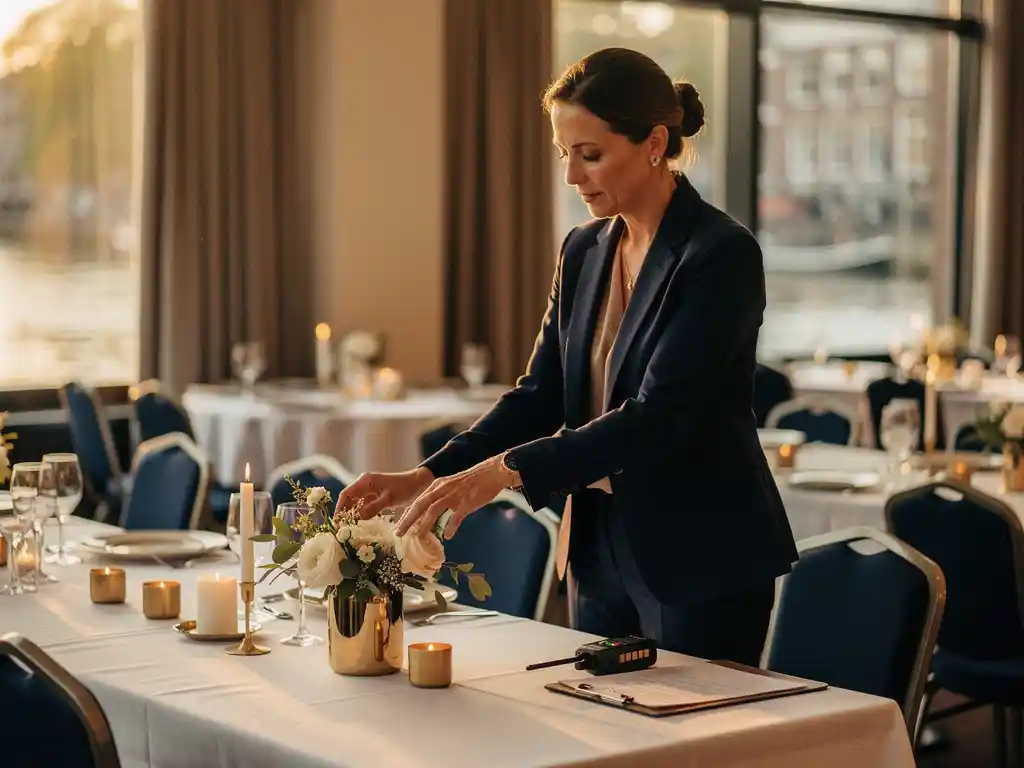 Eventcoördinator in blazer schikt tafeldecoraties in een half-opgezette bedrijfsevenementzaal met walkie-talkie en klembord in Amsterdam.