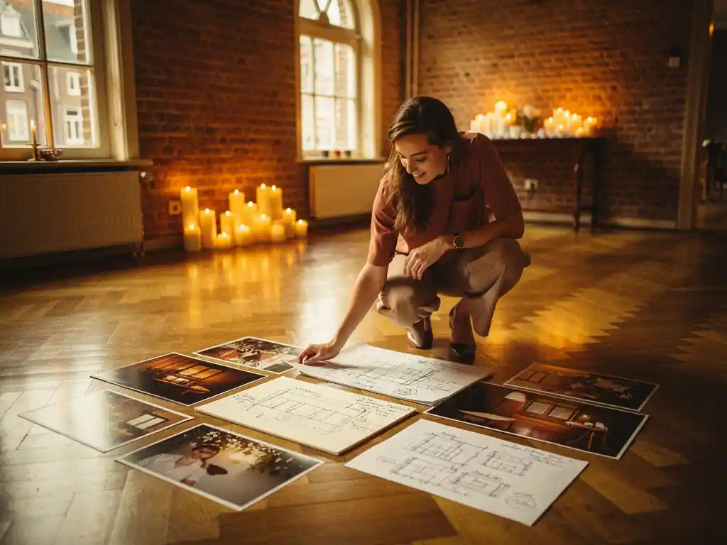 Eventplanner op houten visgraatparket in Amsterdams grachtenpand, omringd door schetsboeken en moodboards bij kaarslicht en boogvensters.