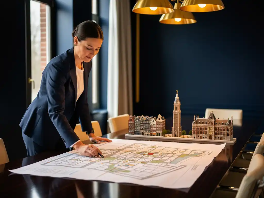 Eventplanner bestudeert een gedetailleerde locatiekaart op een conferentietafel, met miniatuursilhouetten van Amsterdamse grachtenpanden, de Domtoren en het Binnenhof.