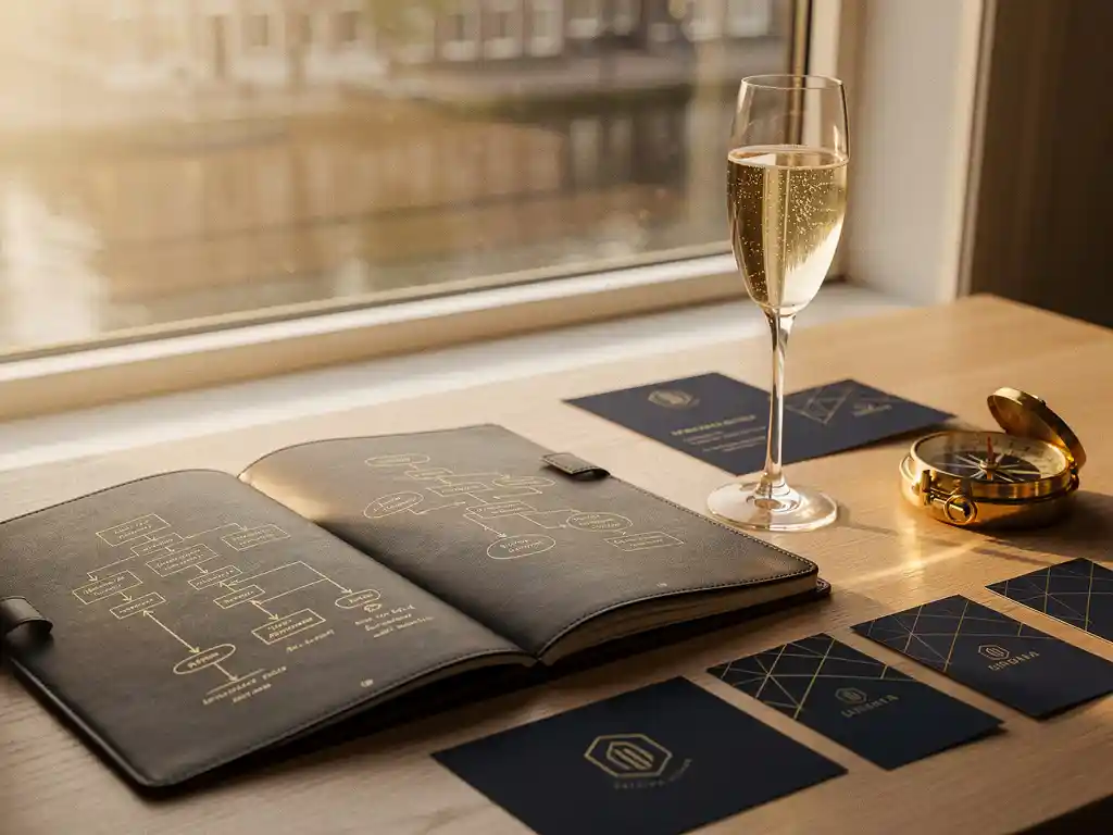 Opengeslagen leren notitieboek met handgetekende eventflow-diagrammen op een stijlvol bureau, champagneglas en messing kompas, zacht ochtendlicht.