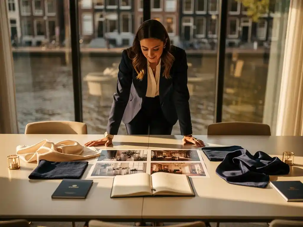 Eventplanner bekijkt moodboard met stofffalen en venuefoto's op vergadertafel, Amsterdams grachtenzicht op achtergrond.