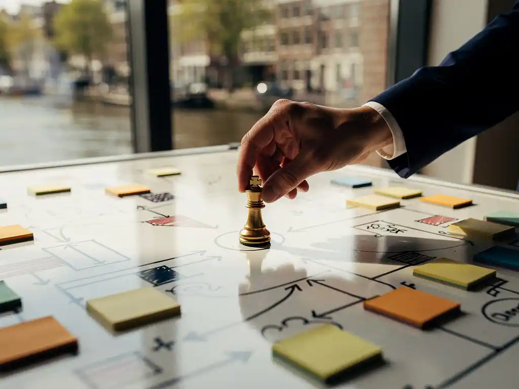 Hand plaatst een schaakkoning op een whiteboard vol strategische diagrammen en notities, Amsterdams kantoor op de achtergrond.