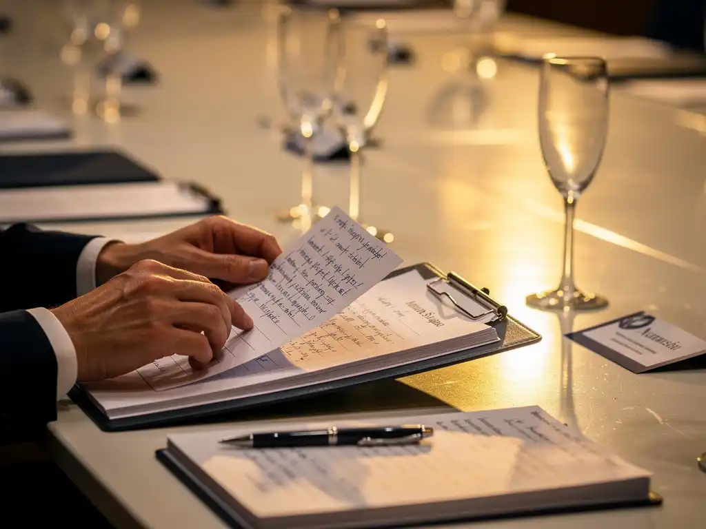 Eventmanager bekijkt handgeschreven feedbackformulieren aan conferentietafel met naamkaartjes en champagneglazen op de achtergrond.