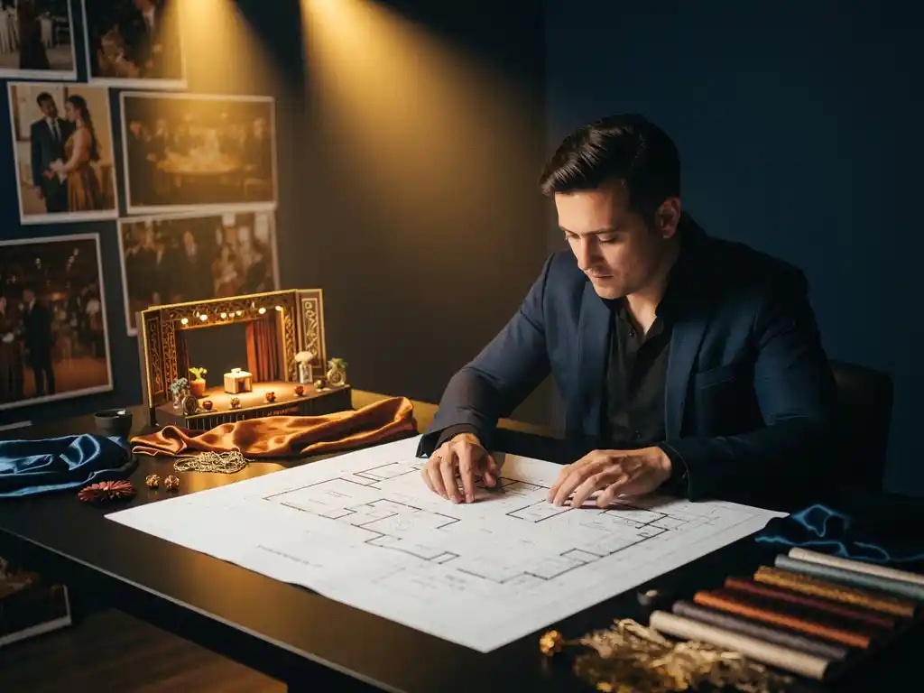 Eventmanager bestudeert productieplattegrond op zwarte tafel met moodboards, stoffen en miniatuurpodiummodel in gouden studiolicht.