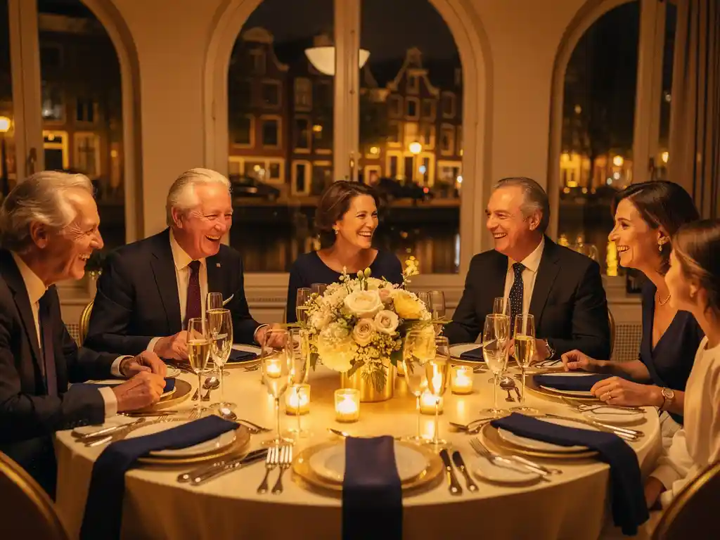 Multigenerationeel gezin lacht samen aan feestelijk gedekte ronde tafel tijdens bedrijfsjubileum in Amsterdams grachtenpand met kaarslicht en champagne.