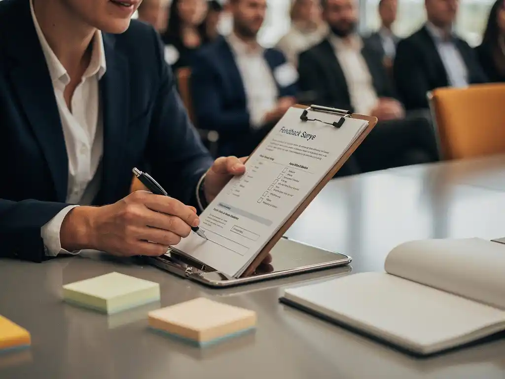 Professional die feedbackformulier op klembord bestudeert aan conferentietafel, met notities en notitieboek, publiek op achtergrond.
