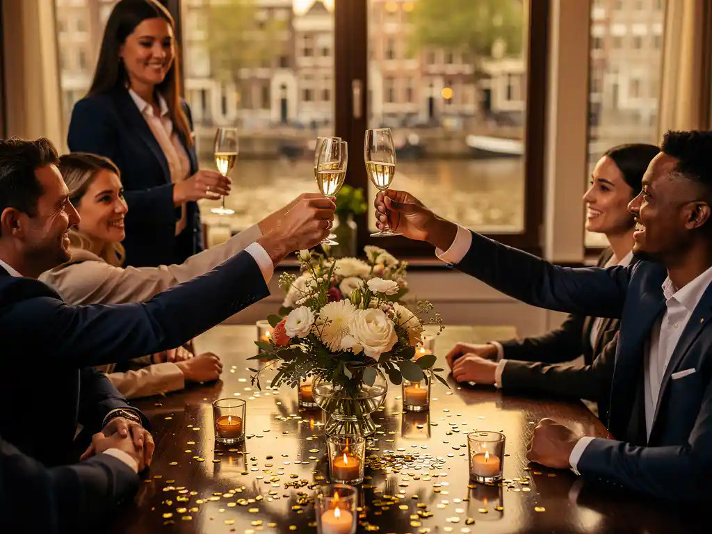 Professionals die champagneglazen heffen bij een toast in een stijlvol Amsterdams kanaalzicht restaurant met kaarslicht en bloemen.