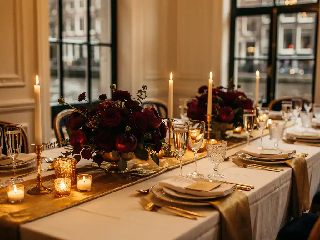 Feestelijk gedekte banquettafel met bordeauxrode bloemstukken, gouden details en champagneglazen in een Amsterdams grachtenpand.