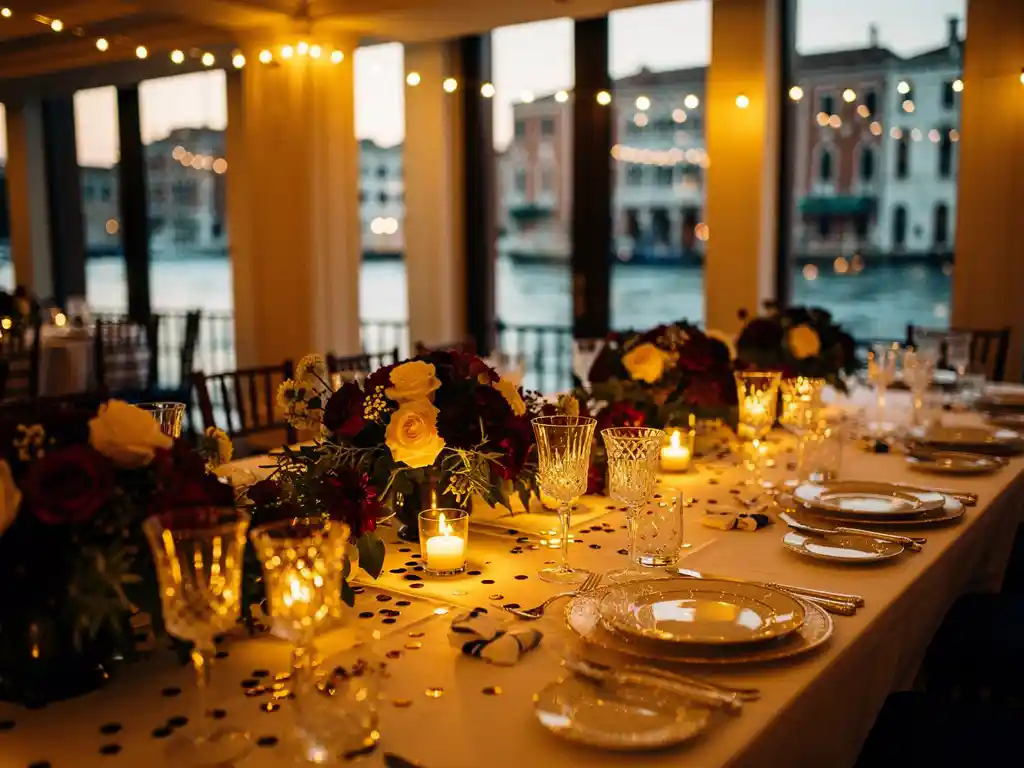 Elegant feestelijk gedekte tafel met kristallen glazen, bordeauxrode bloemstukken en sfeervol lichtsnoer in gouden kanaalzaallocatie.