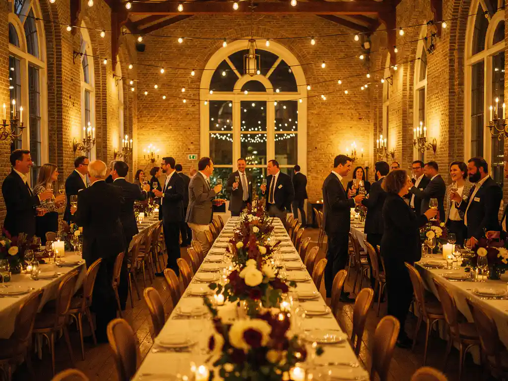 Feestelijk versierde historische Nederlandse zaal met collega's aan lange banquettafels, kaarslicht en slingerverlichting op bakstenen muren en hoge boogvensters.